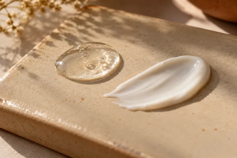 Kropla przezroczystego żelu i porcja kremu na ceramicznej płytce.